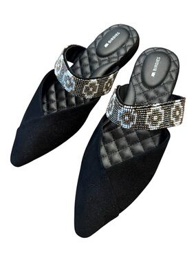 Birdies The Swan Black Beaded Strap Pointed Mule NWOT